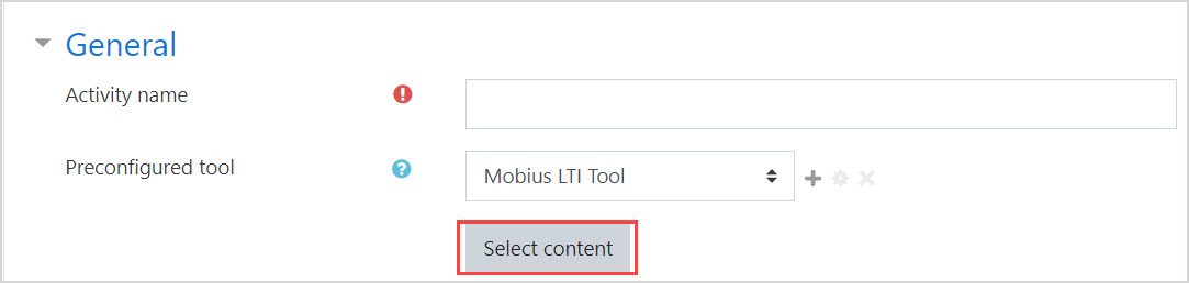 Moodle Select content The Select content button is highlighted.